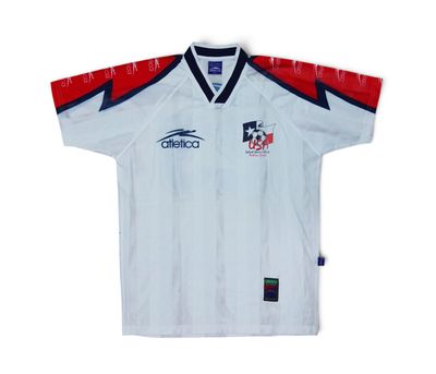 a close up of a white shirt with a red and blue stripe