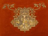 painting of a cross on a red velvet surface with a gold border