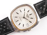 a silver and black watch on a black leather strap