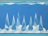 a picture of a painting of mountains and clouds