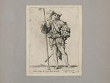 an old drawing of a man with a sword and a hat