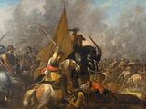 a painting of a group of men on horses in a field