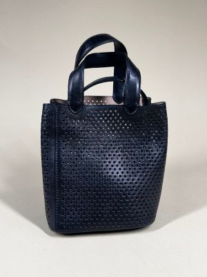 navy blue perforated leather mini tote bag