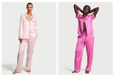 three women in pink pajamas and matching pajamas posing for the camera