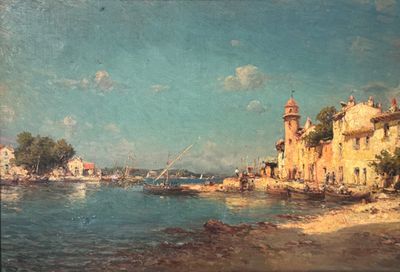 painting of a view of a beach with a boat in the water