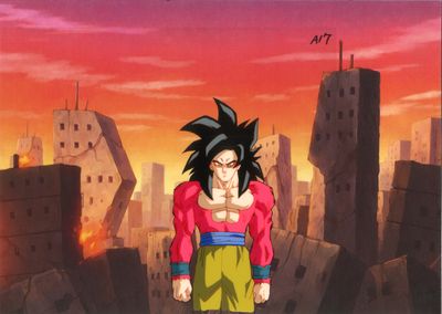 Goku, de Dragon Ball, debout au milieu d'une ville, avec des immeubles en arrière-plan