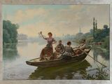 un tableau représentant des personnes dans un bateau sur l'eau