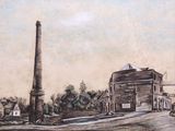 dessin représentant une ancienne usine avec une cheminée au milieu de la rue
