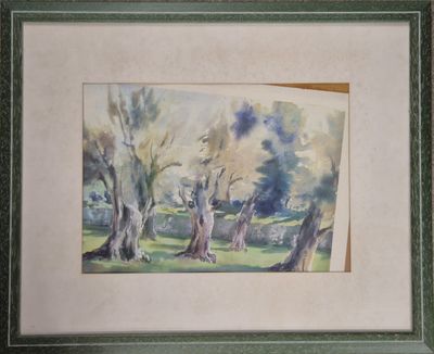 aquarelle encadrée représentant des arbres dans un parc au bord d'un ruisseau