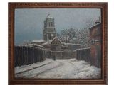 painting of a snowy street with a church in the background