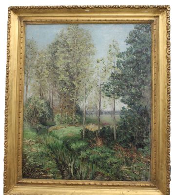 an oil painting of a wooded landscape with trees and grass