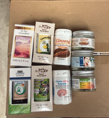 a cardboard box filled with different types of products
