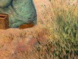 a painting of a woman sitting on the ground with a suitcase