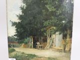 an oil painting of a farm scene on a wooden easel