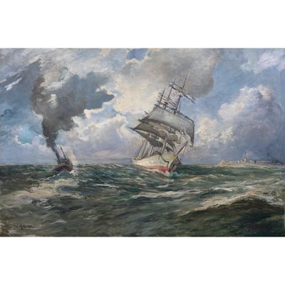 une image représentant un tableau où l'on voit un navire en mer d'où s'échappe de la fumée