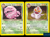 deux cartes Pokémon représentant un homme chevauchant un dinosaure