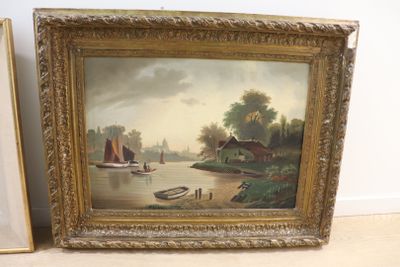 Ecole XIXème "Paysage au cours d'eau" huile sur toile naïve … - Photo 1