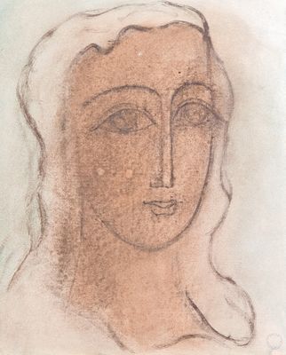 drawing of a woman ' s face with a veil on her head