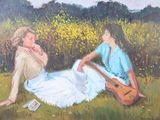 painting of two women sitting in a field with a guitar