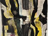 une image représentant une peinture noire et jaune sur un mur blanc