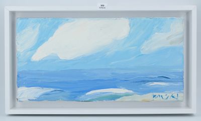 une peinture à l'huile représentant une scène de plage avec un ciel bleu et des nuages blancs