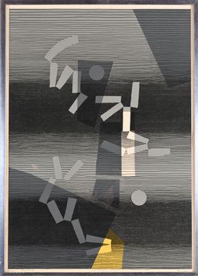 painting of a black and white picture with a yellow object in the middle