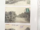 several old postcards of people riding horses on a dirt road