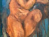 painting of a naked man sitting on a chair in front of a blue wall