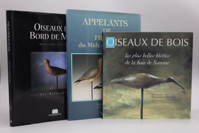 trois livres consacrés à différents oiseaux, exposés sur une surface blanche