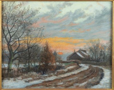 an oil painting of a snowy country road with a barn in the distance