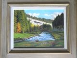 un tableau représentant un pont enjambant une rivière au milieu des bois