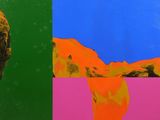 two different colored paintings of a woman laying on a bed
