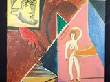 une photo d'un tableau représentant une femme debout devant un bâtiment