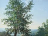 painting of a tree in a field with a river in the background