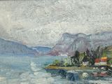 tableau représentant une vue sur un plan d'eau avec des montagnes en arrière-plan