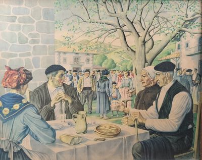 painting of a group of people sitting around a table eating food