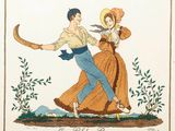 illustration représentant un homme et une femme dansant dans un champ