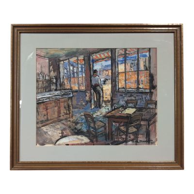 painting of a man standing in a room with a table and chairs