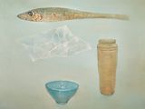 une peinture représentant un poisson à côté d'un bocal