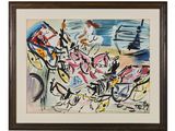 a painting of a group of people riding bikes on a beach