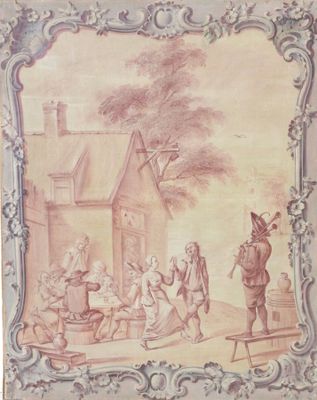 une image d'une photo d'un tableau représentant des personnes devant une maison