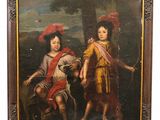 an old painting of two children and a dog in a landscape