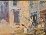 a painting of a group of people outside of a building