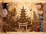 une photo d'un tableau représentant une femme et une pagode