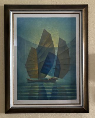 painting of a sailboat with sails floating in a body of water