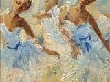 painting of three ballerinas in blue tutuss on a stage