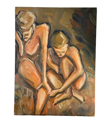 painting of two nudes sitting on the ground with their hands together