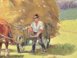 a painting of a man and a horse pulling a cart of hay