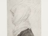 an old drawing of a woman with a scarf on her head