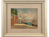 an oil painting of a harbor scene with boats in the water